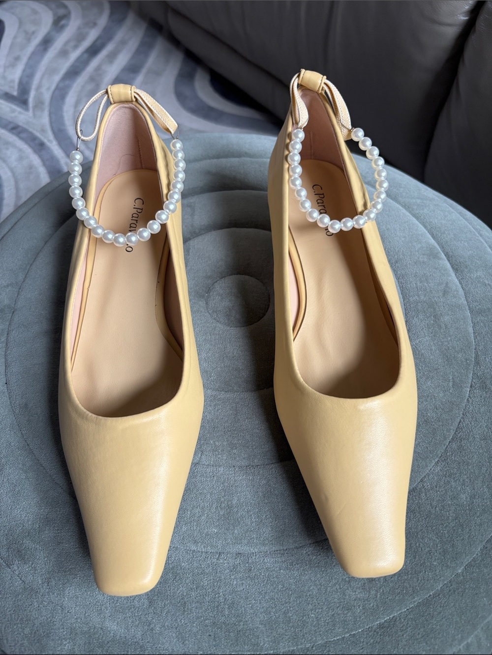 C Paravano Pearl-Ankle Yellow Square Toe low heel(Lucia)